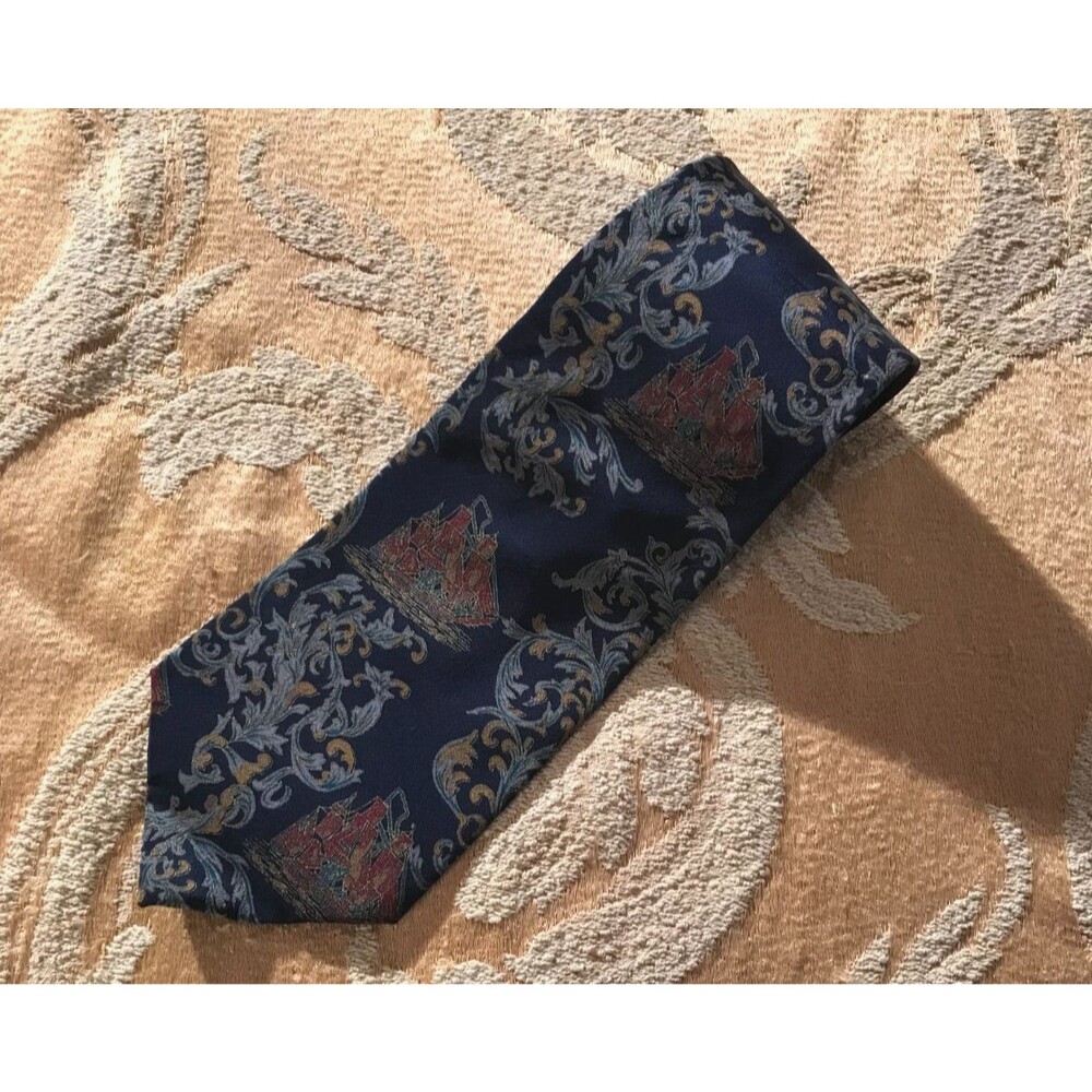 Vintage 70s Silk Necktie 1970s Antique Ship Sailing Old Money Preppy Necktie